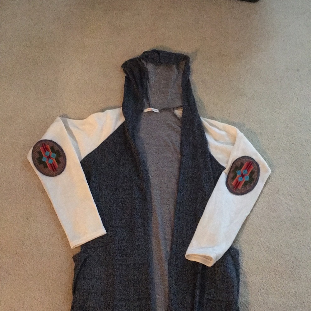 NanaMacs Long Grey Cardigan with elbow accents